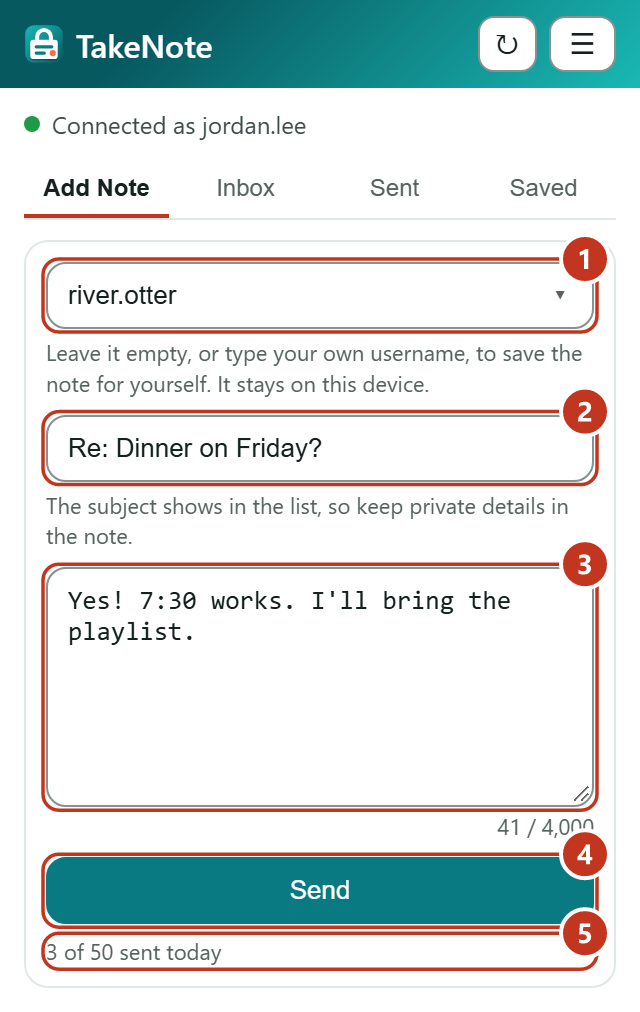 The Add Note tab, with a username in To, a subject, a message and a Send button.