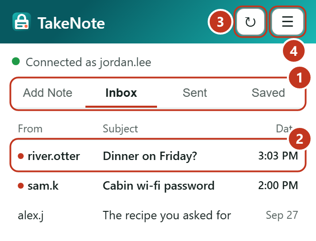 The Inbox, listing three notes; two are unread.