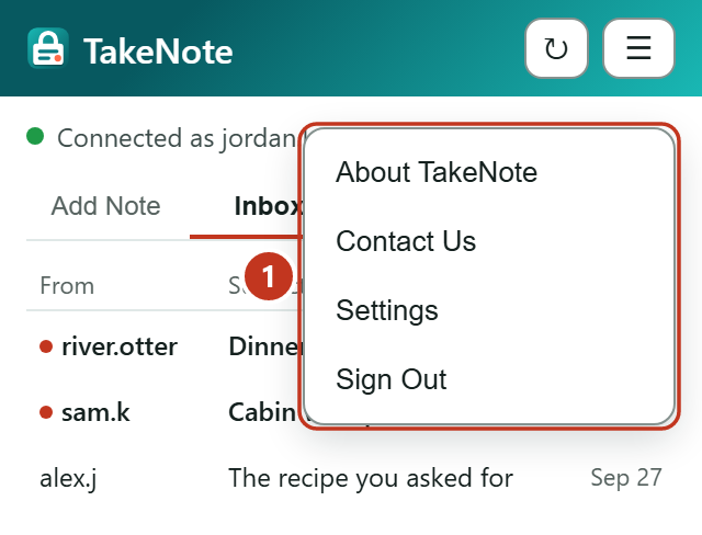 The open menu: About TakeNote, Contact Us, Settings and Sign Out.