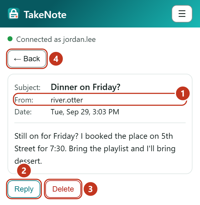 An open note, with its subject, sender, date and message, and Reply and Delete buttons.